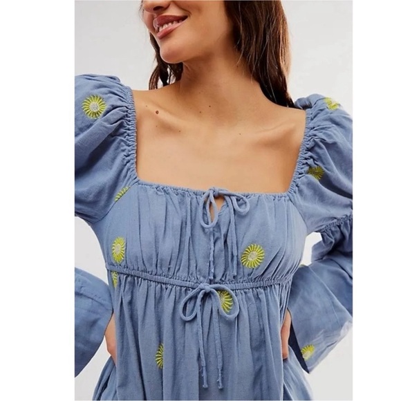 FREE PEOPLE Emory Cotton Linen Embroidered Midi Dress Puff Sleeve - Picture 2 of 6